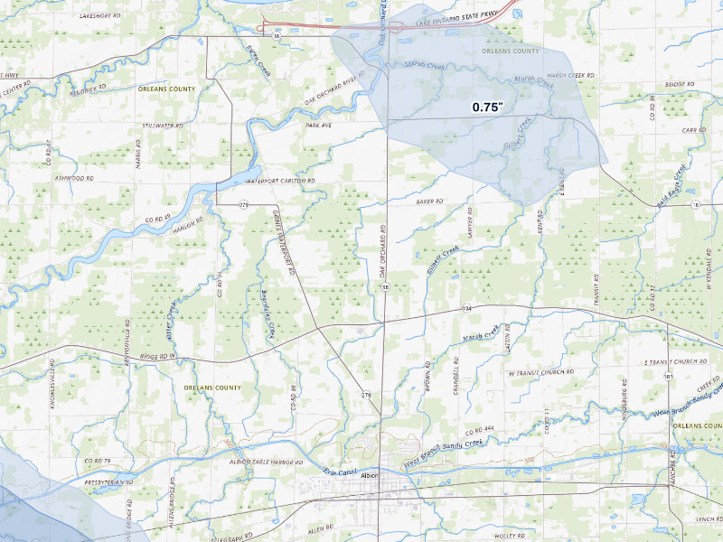 NEXRAD radar-signature map of the hail storm over Albion, NY on Sep 2, 2026