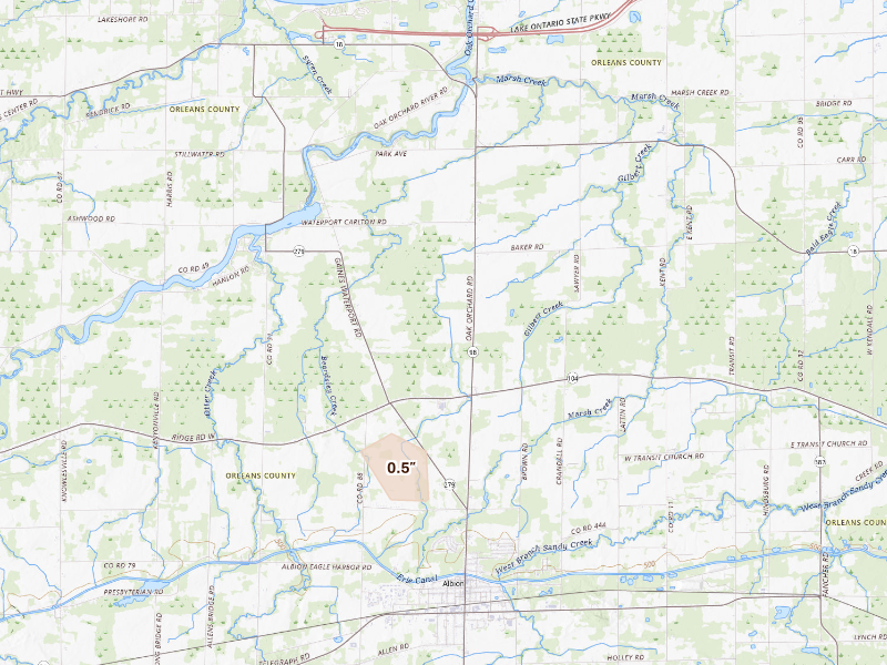 Radar-estimated hail-size map of the storm over Albion, NY on Sep 13, 2026
