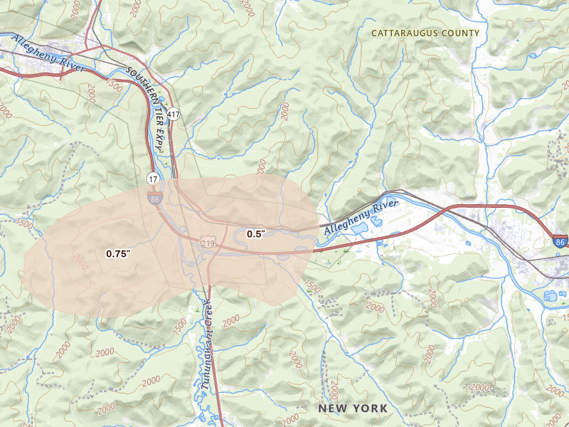Radar-estimated hail-size map of the storm over Allegany, NY on Jul 27, 2026