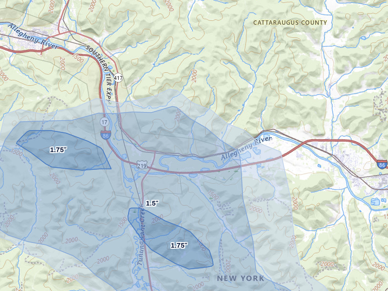 NEXRAD radar-signature map of the hail over Allegany, NY