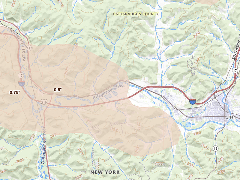 Radar-estimated hail-size map of the storm over Allegany, NY on Sep 2, 2026