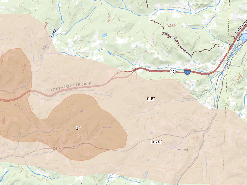Radar-estimated hail-size map of the storm over Almond, NY on Mar 31, 2026