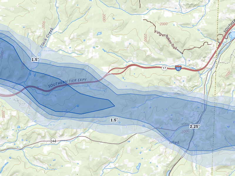 NEXRAD radar-signature map of the hail over Almond, NY