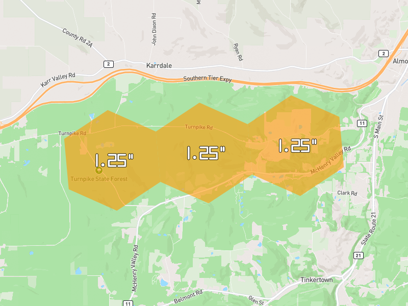 Hail map of Almond, NY on Jul 3, 2026, hail up to 1.25"
