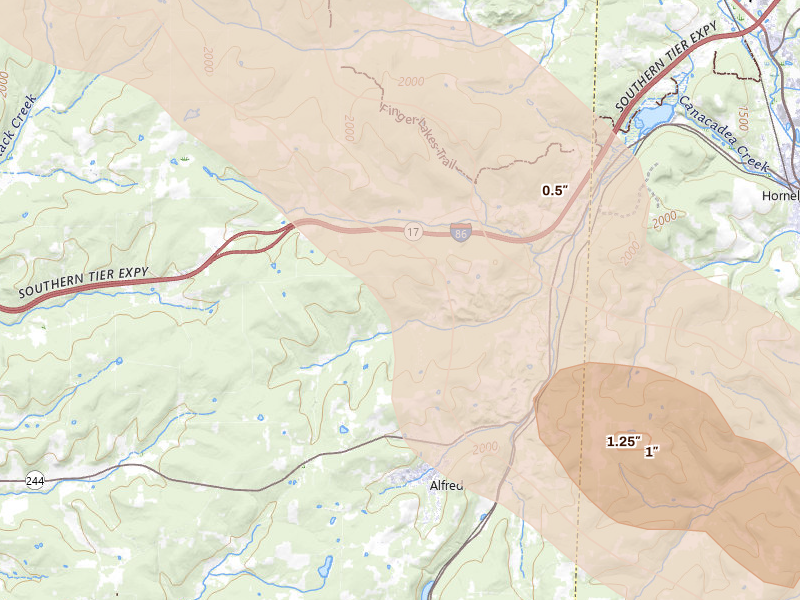 Radar-estimated hail-size map of the storm over Almond, NY on Sep 2, 2026