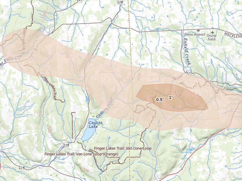 Radar-estimated hail-size map of the storm over Alpine, NY on Aug 12, 2026