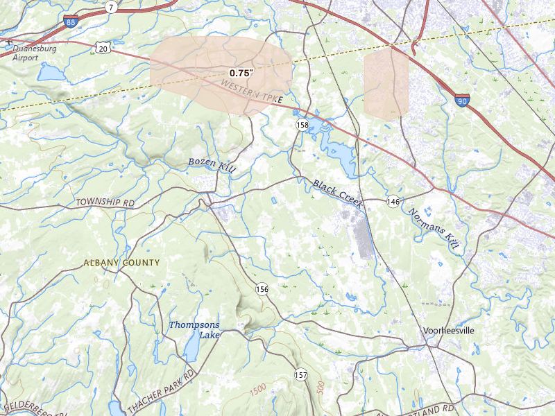 Radar-estimated hail-size map of the storm over Altamont, NY on Jul 8, 2026