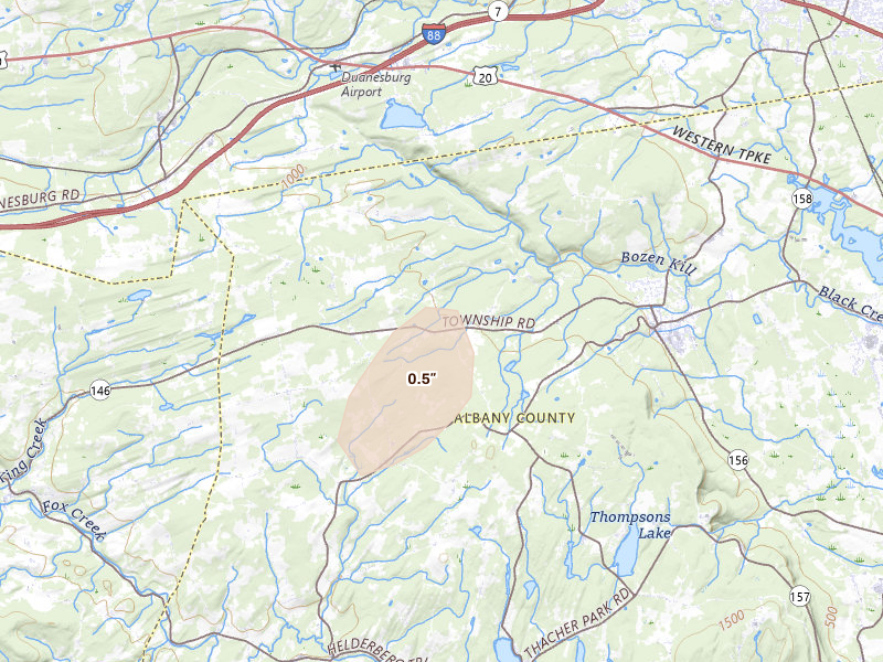 Radar-estimated hail-size map of the storm over Altamont, NY on Aug 7, 2026
