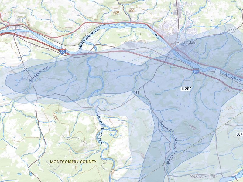 NEXRAD radar-signature map of the hail over Amsterdam, NY