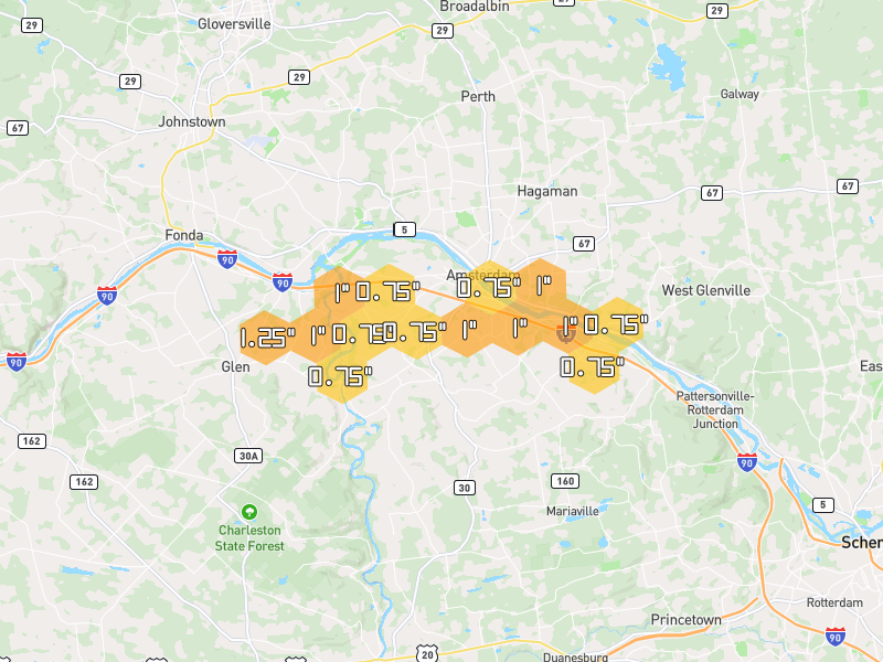 Hail map of Amsterdam, NY on Jul 1, 2026, hail up to 1.25"