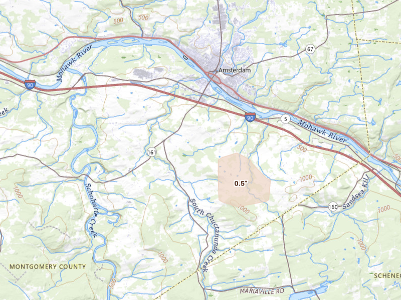 Radar-estimated hail-size map of the storm over Amsterdam, NY on Aug 6, 2026