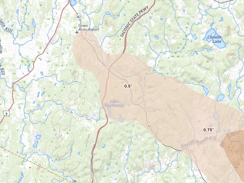 Radar-estimated hail-size map of the storm over Ancram, NY on Jul 4, 2026