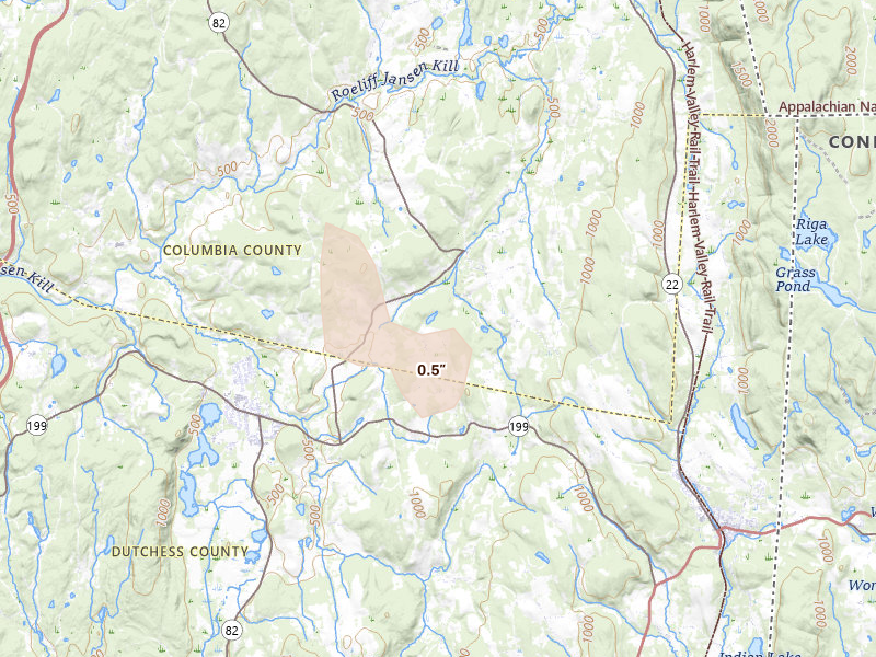 Radar-estimated hail-size map of the storm over Ancramdale, NY on Jun 11, 2026