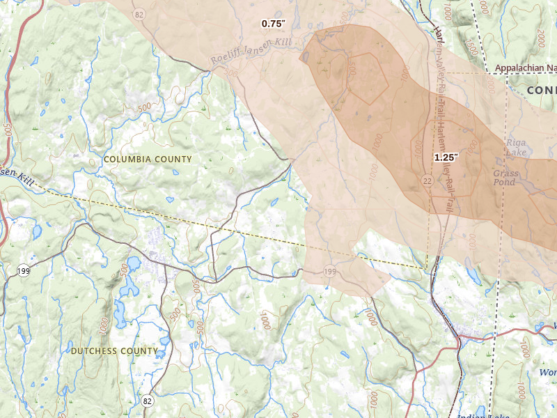 Radar-estimated hail-size map of the storm over Ancramdale, NY on Jul 4, 2026