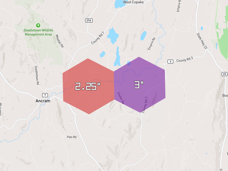 Hail map of Ancramdale, NY on Jul 4, 2026, hail up to 3"