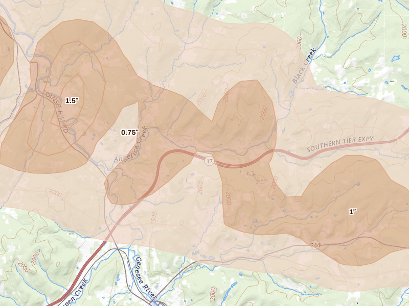 Radar-estimated hail-size map of the storm over Angelica, NY on Mar 31, 2026