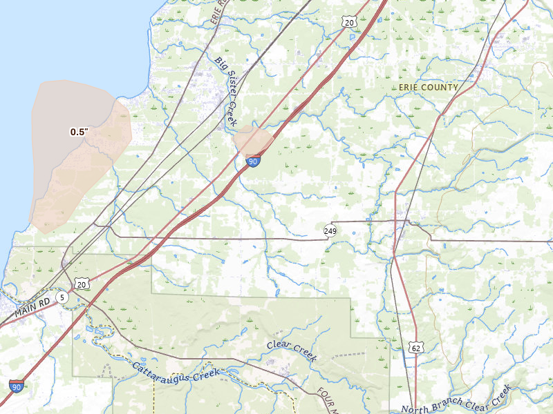 Radar-estimated hail-size map of the storm over Angola, NY on Feb 18, 2026