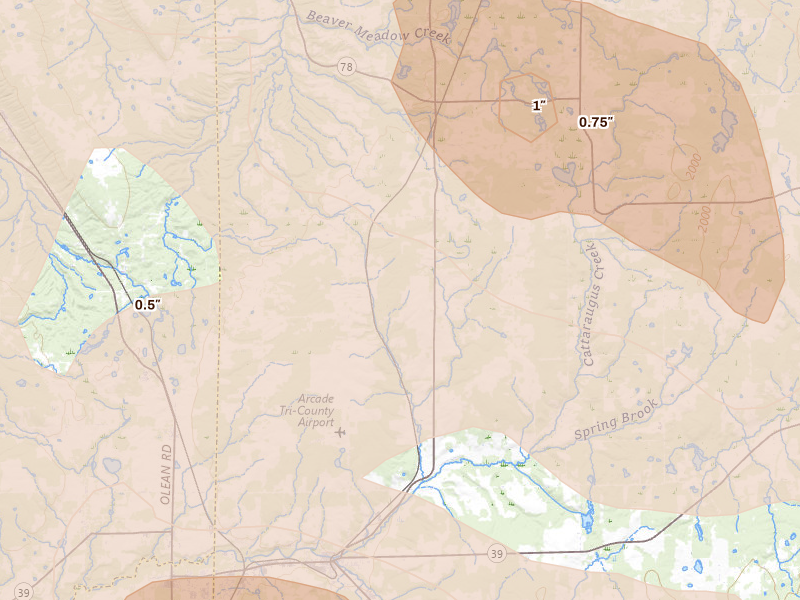 Radar-estimated hail-size map of the storm over Arcade, NY on Sep 2, 2026