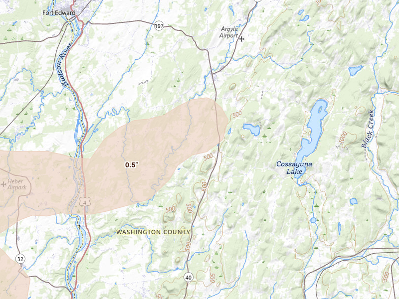 Radar-estimated hail-size map of the storm over Argyle, NY on Aug 27, 2026