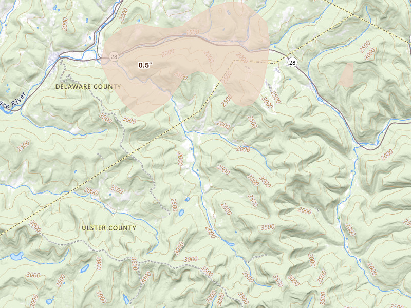 Radar-estimated hail-size map of the storm over Arkville, NY on Apr 15, 2026
