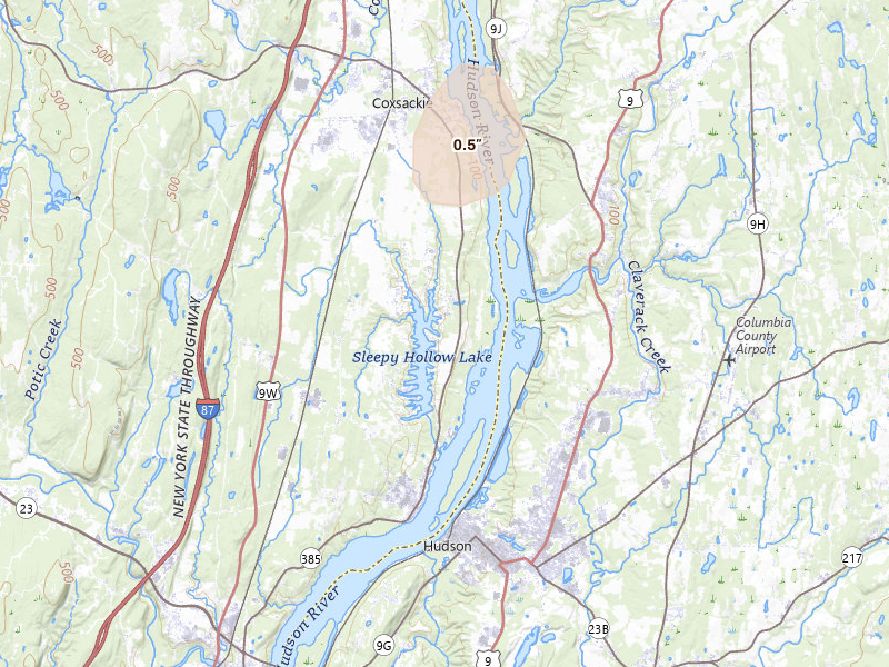 Radar-estimated hail-size map of the storm over Athens, NY on Jul 1, 2026