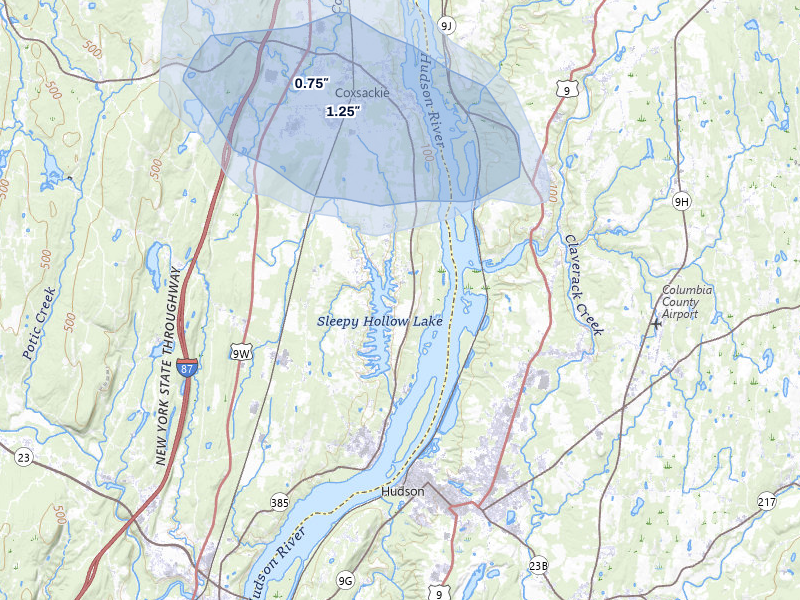 NEXRAD radar-signature map of the hail storm over Athens, NY on Jul 1, 2026