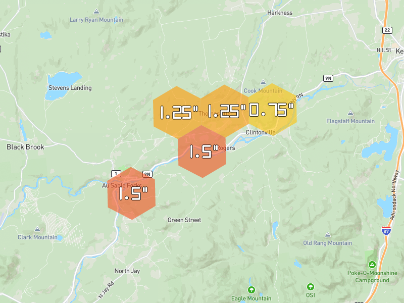 Hail map of Au Sable Forks, NY on Jul 1, 2026, hail up to 1.5"
