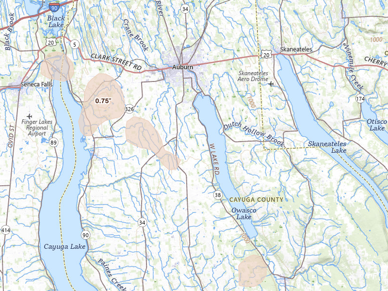 Radar-estimated hail-size map of the storm over Auburn, NY on Jul 3, 2026