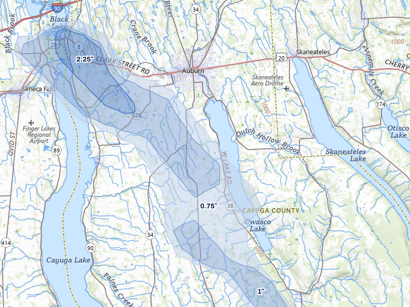 NEXRAD radar-signature map of the hail storm over Auburn, NY on Jul 3, 2026