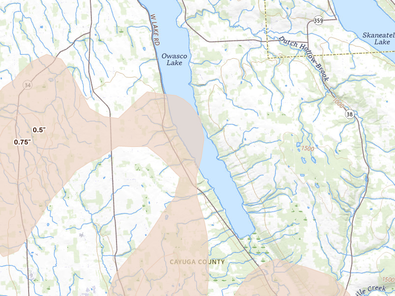 Radar-estimated hail-size map of the storm over Auburn, NY on Sep 2, 2026