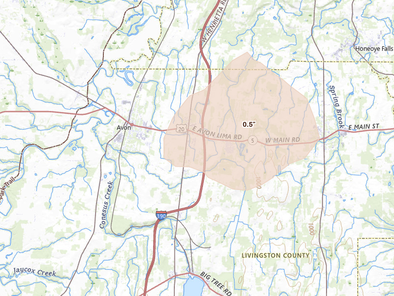 Radar-estimated hail-size map of the storm over Avon, NY on Jun 11, 2026