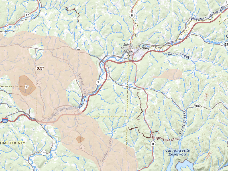 Radar-estimated hail-size map of the storm over Bainbridge, NY on Jul 18, 2026