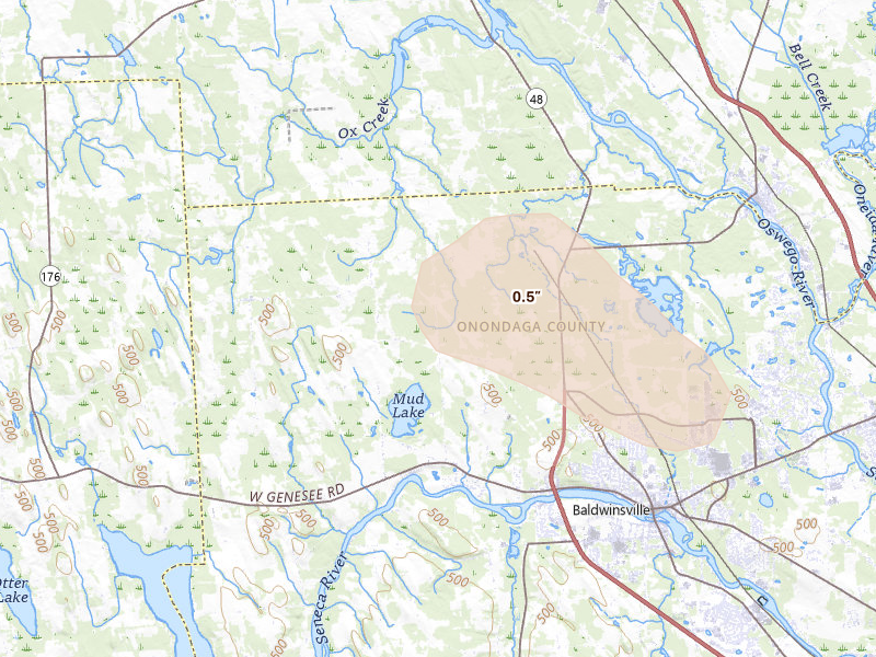 Radar-estimated hail-size map of the storm over Baldwinsville, NY on Aug 8, 2026