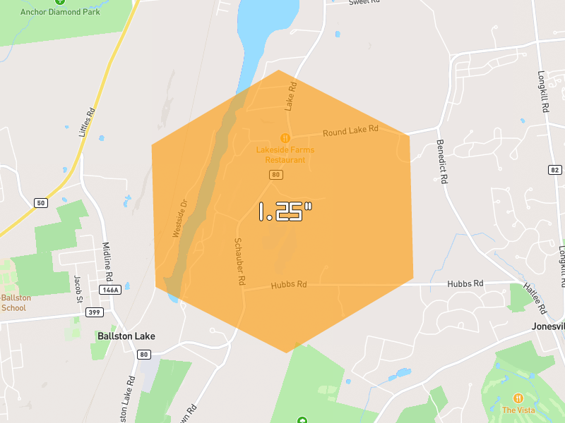 Hail map of Ballston Lake, NY on Jul 1, 2026, hail up to 1.25"