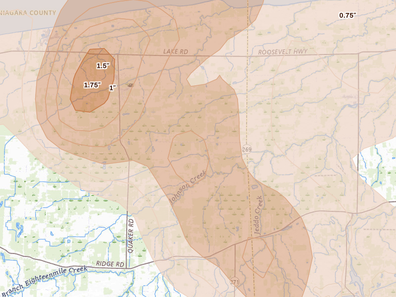 Radar-estimated hail-size map of the storm over Barker, NY on Sep 1, 2026