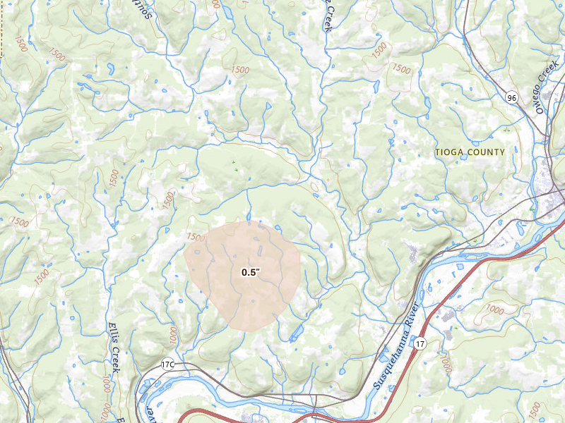 Radar-estimated hail-size map of the storm over Barton, NY on Jun 11, 2026