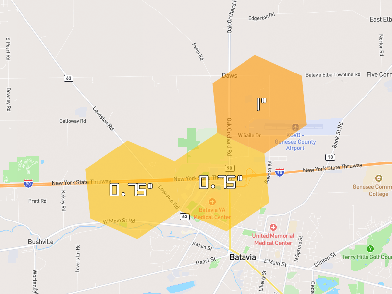 Hail map of Batavia, NY on Jul 21, 2026, hail up to 1"