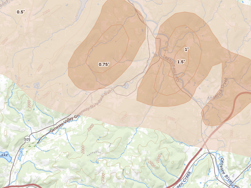 Radar-estimated hail-size map of the storm over Belfast, NY on Mar 31, 2026