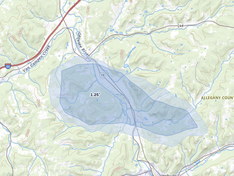 NEXRAD radar-signature map of the hail storm over Belmont, NY on Jul 3, 2026