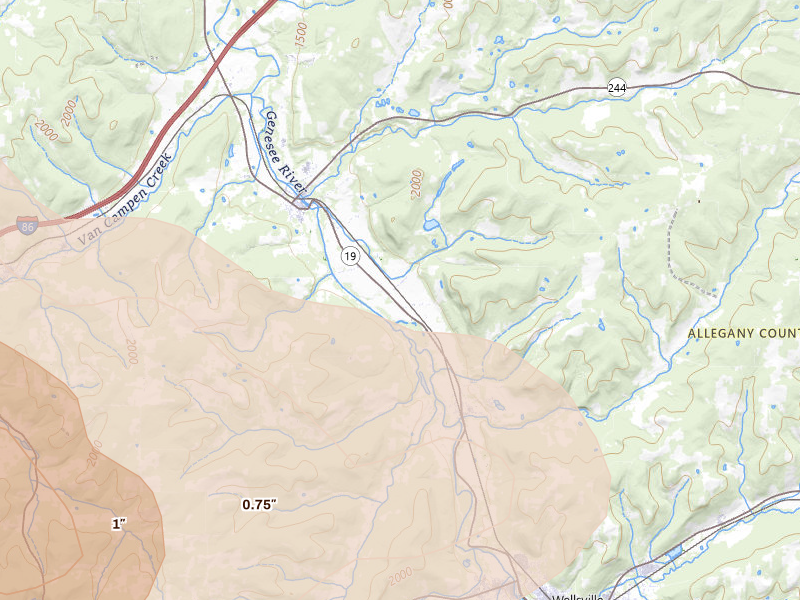 Radar-estimated hail-size map of the storm over Belmont, NY on Sep 2, 2026