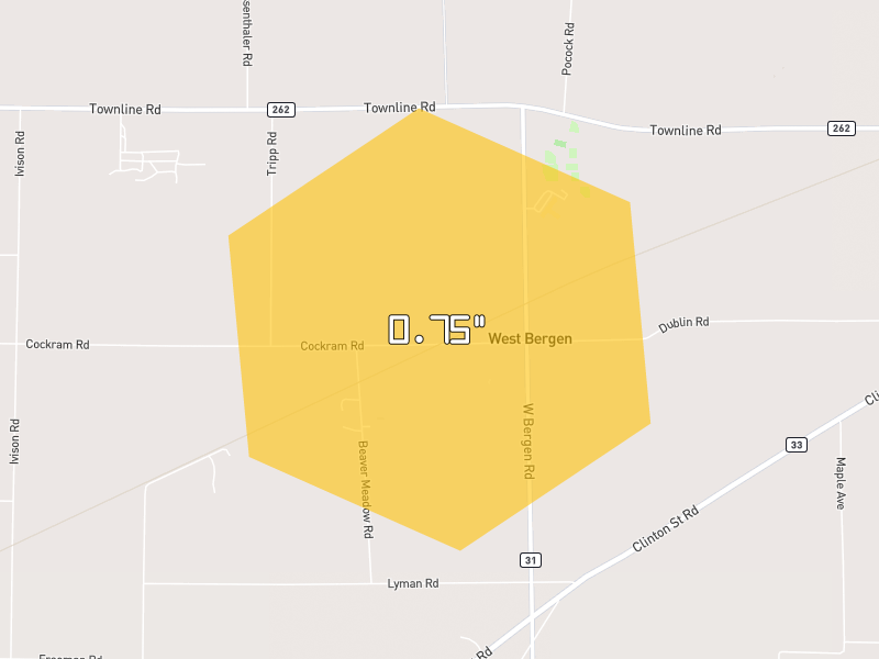 Hail map of Bergen, NY on Jul 21, 2026, hail up to 0.75"