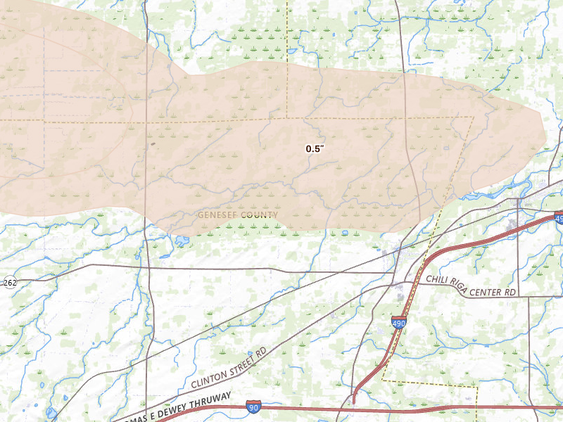 Radar-estimated hail-size map of the storm over Bergen, NY on Sep 2, 2026