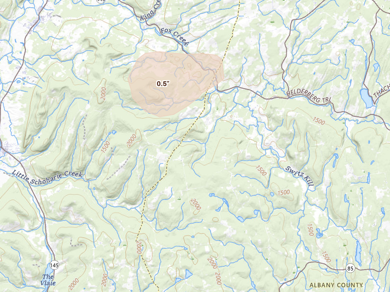 Radar-estimated hail-size map of the storm over Berne, NY on Aug 6, 2026