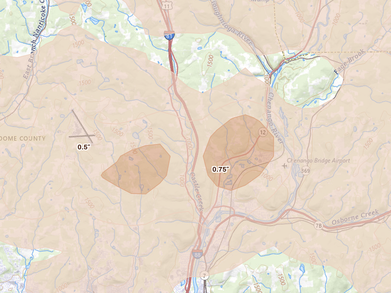 Radar-estimated hail-size map of the storm over Binghamton, NY on Mar 31, 2026