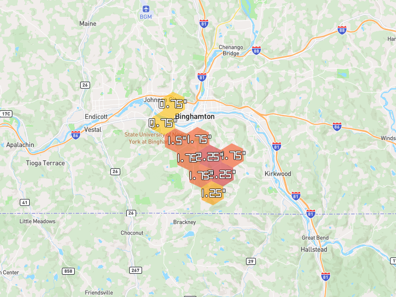 Hail map of Binghamton, NY on Jul 3, 2026, hail up to 2.25"