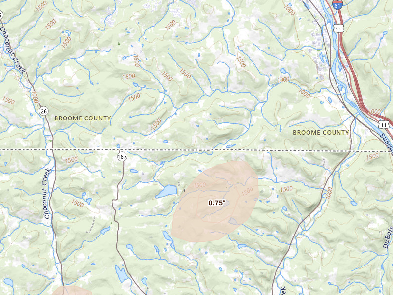 Radar-estimated hail-size map of the storm over Binghamton, NY on Aug 7, 2026