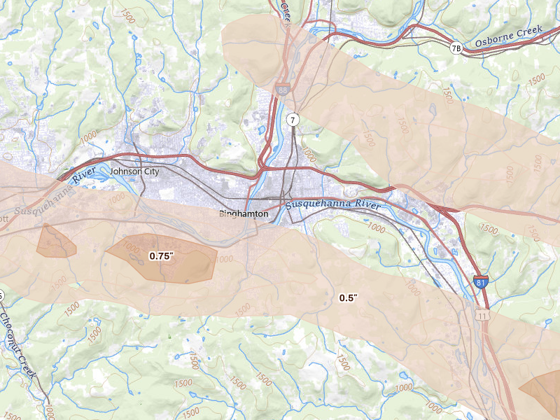 Radar-estimated hail-size map of the storm over Binghamton, NY on Aug 12, 2026