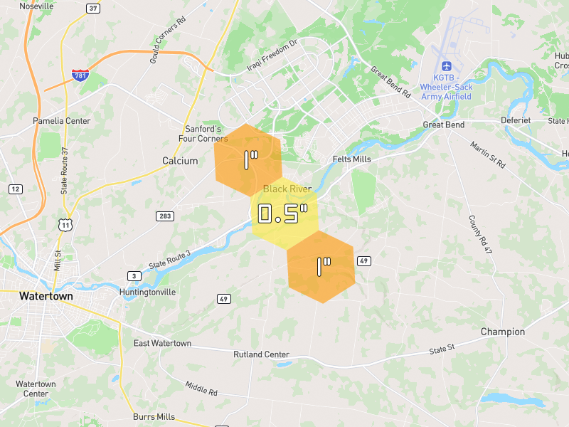 Hail map of Black River, NY on Jul 2, 2026, hail up to 1"