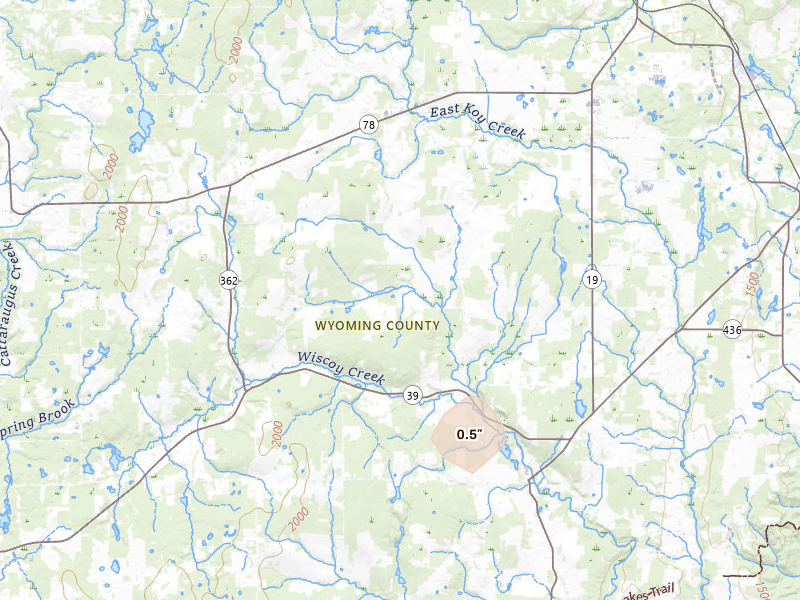 Radar-estimated hail-size map of the storm over Bliss, NY on Jun 11, 2026