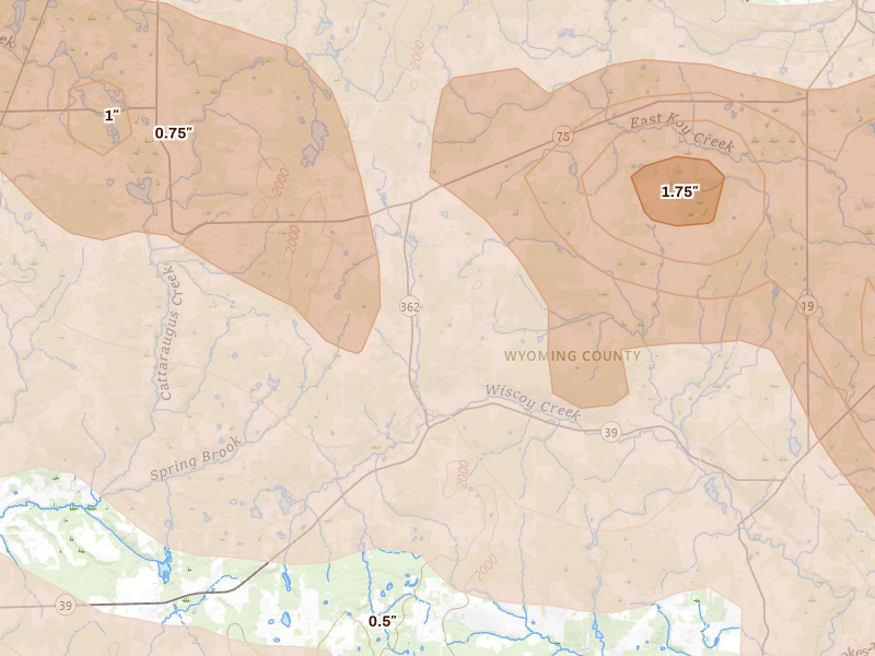 Radar-estimated hail-size map of the storm over Bliss, NY on Sep 2, 2026